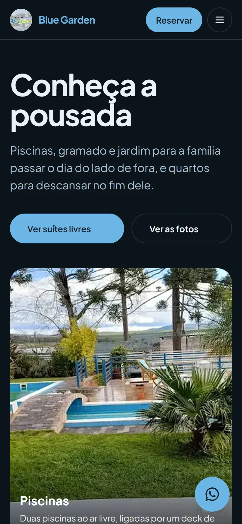 A página Conheça a pousada, com as piscinas