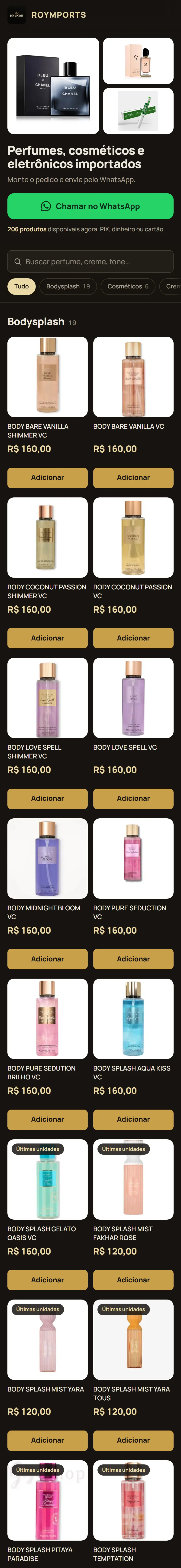 O catálogo da ROYMPORTS no celular, com busca, categorias e produtos