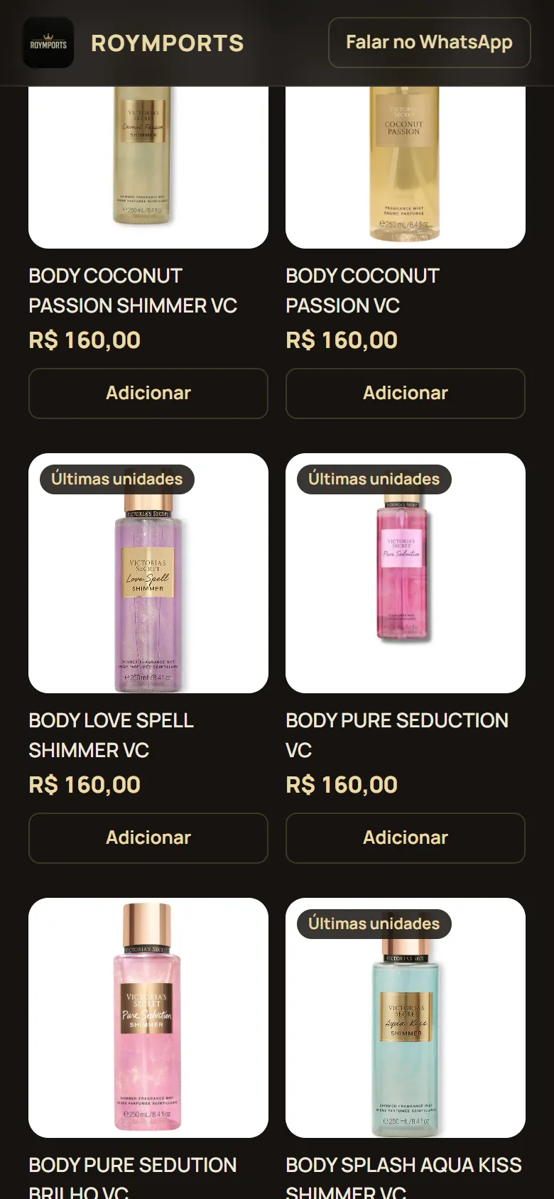 Produtos do catálogo com preço e o botão de adicionar ao pedido
